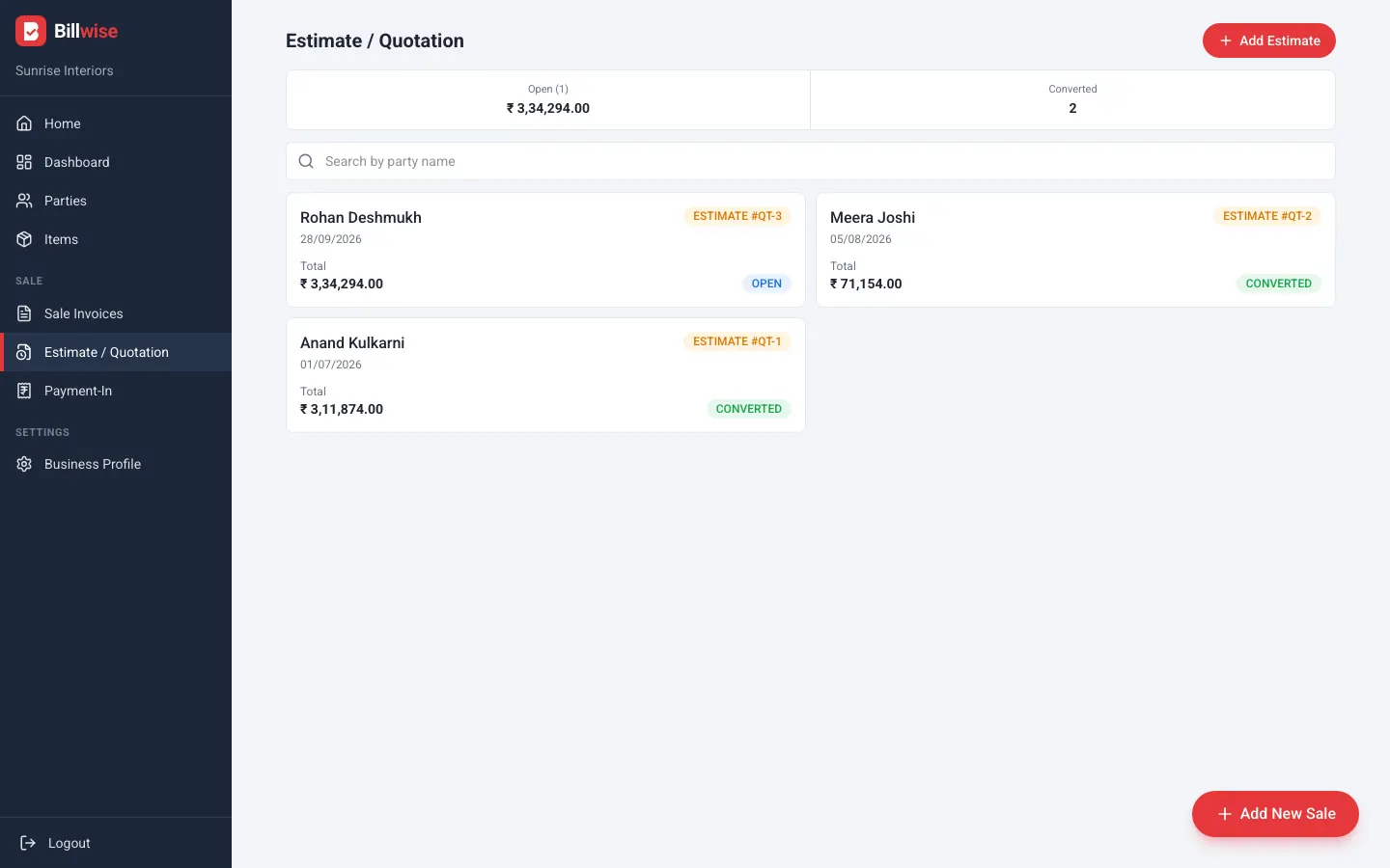 Billwise estimates and quotations list showing open and converted quotations
