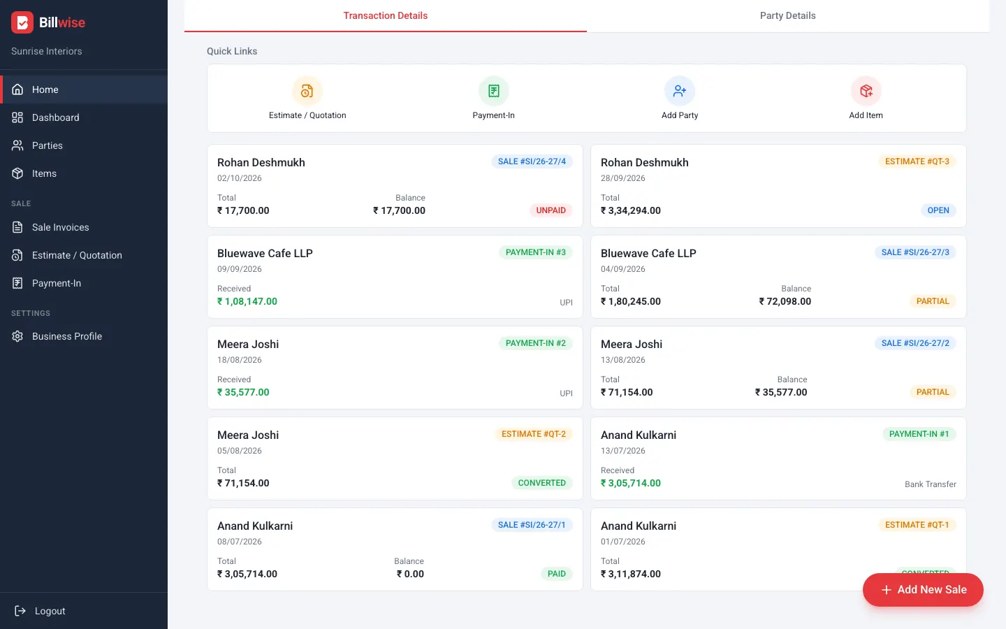 Billwise home screen listing sales, estimates and payments for the demo business, each with totals, balances and status badges