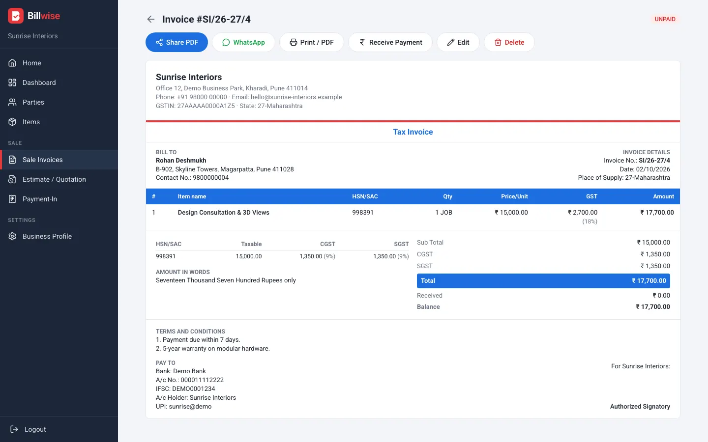 Billwise GST tax invoice with item, HSN/SAC code, CGST and SGST split, amount in words and buttons to share as PDF or on WhatsApp