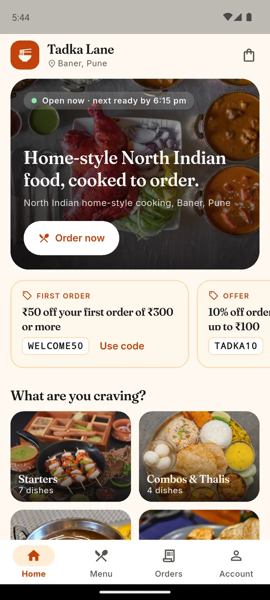 Dinewise Android app home screen for Tadka Lane with an Order now button, coupon offers and food categories