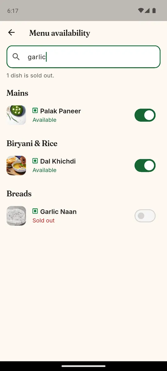 Kitchen mode menu availability screen with switches to mark dishes available or sold out