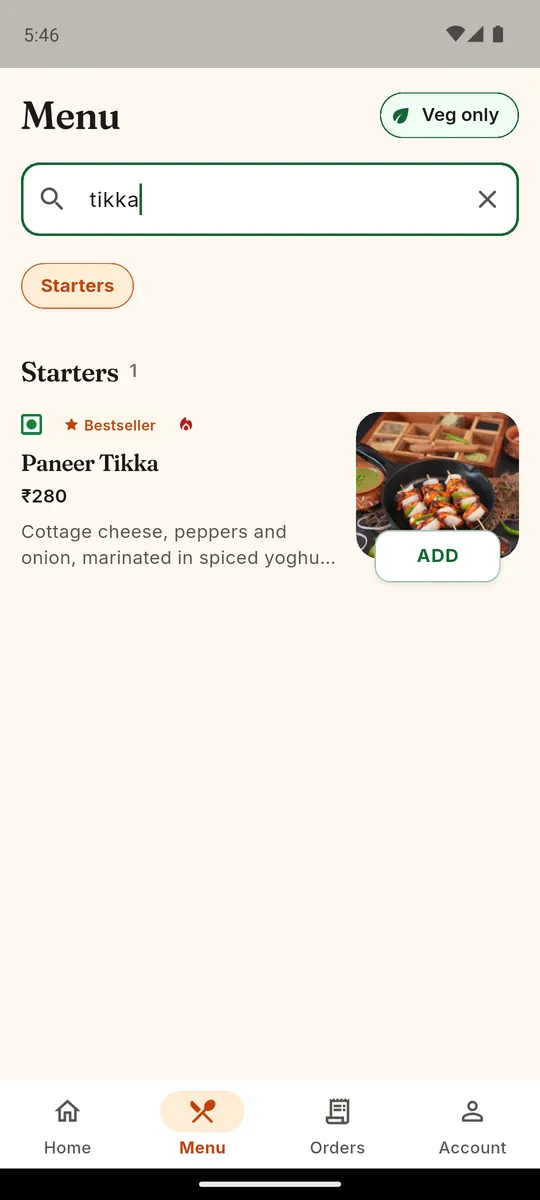 Dinewise Android menu searched for tikka with the Veg only filter on, showing Paneer Tikka