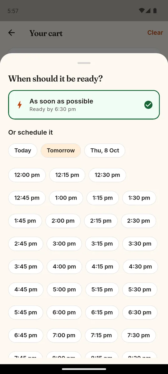 Time picker in the Android app offering As soon as possible or a scheduled slot by day and time