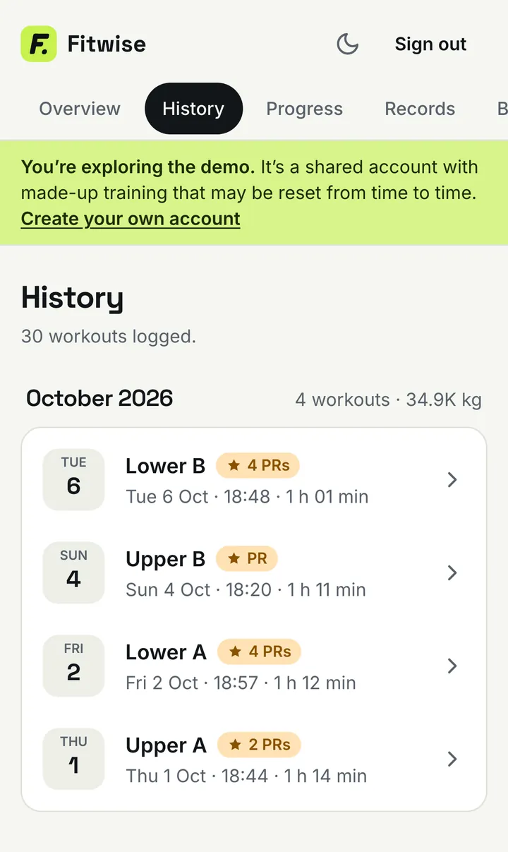 Fitwise workout history on a phone, listing October workouts with their date, duration and personal-record badges
