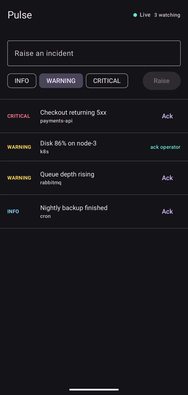 Pulse Android app showing a live incident list with critical, warning and info incidents, acknowledge buttons and the number of operators watching