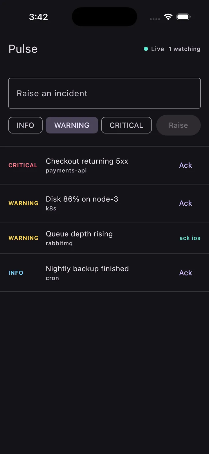 Pulse iOS app showing the same live incident list with an incident acknowledged from the iPhone