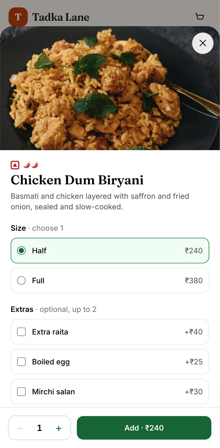 Dish sheet for Chicken Dum Biryani with half and full sizes, optional extras and an Add button showing the price