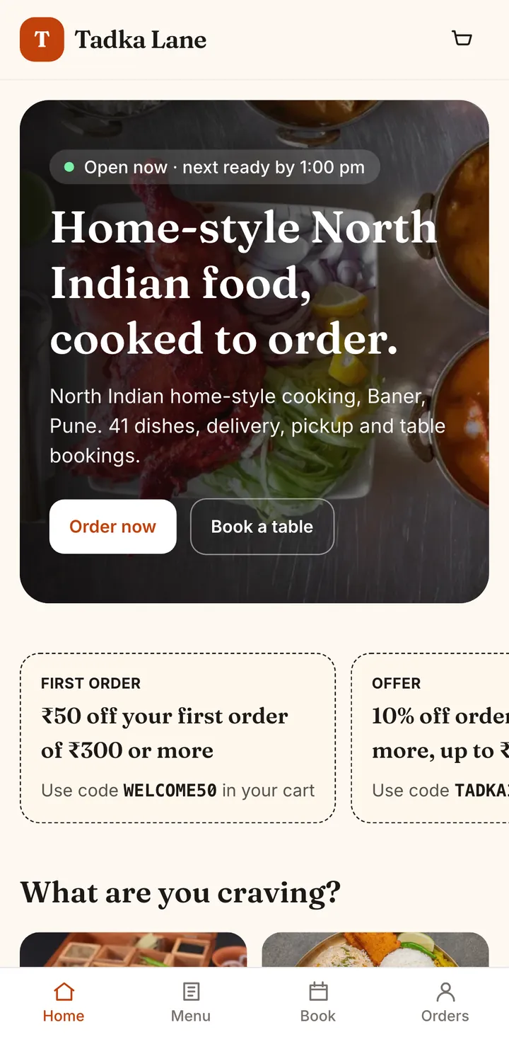 Dinewise home page for the demo restaurant Tadka Lane, with an Order now button, a Book a table button and first-order offers