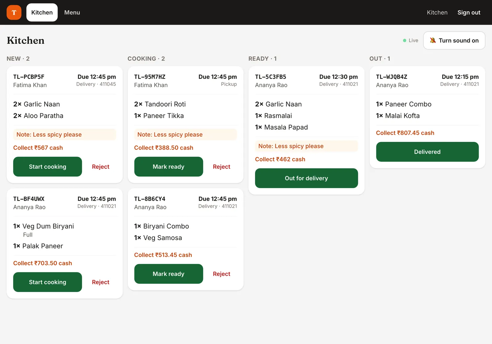 Dinewise kitchen board with New, Cooking, Ready and Out columns, each order showing items, notes, cash to collect and one next-step button