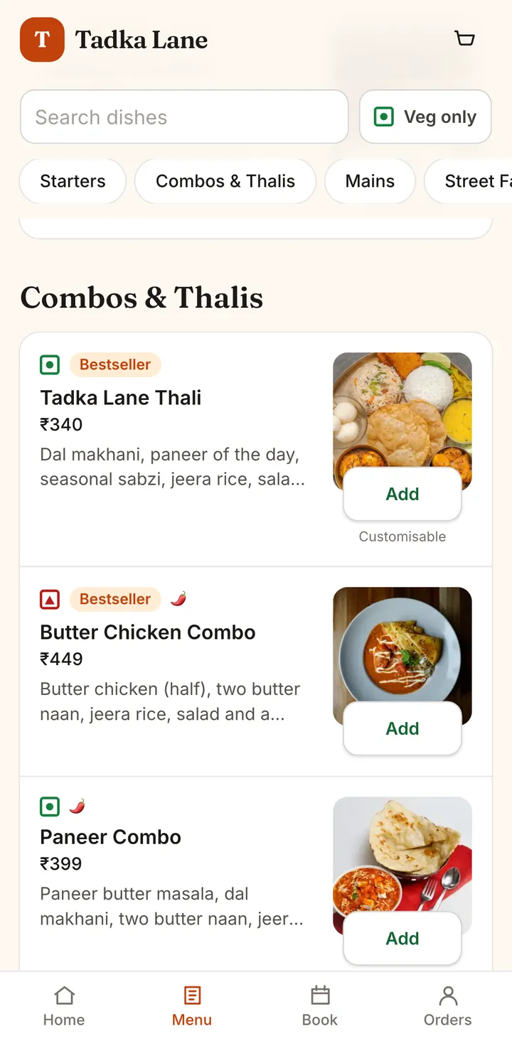 Dinewise menu with dish search, a Veg only filter, category tabs and dishes with photos and Add buttons