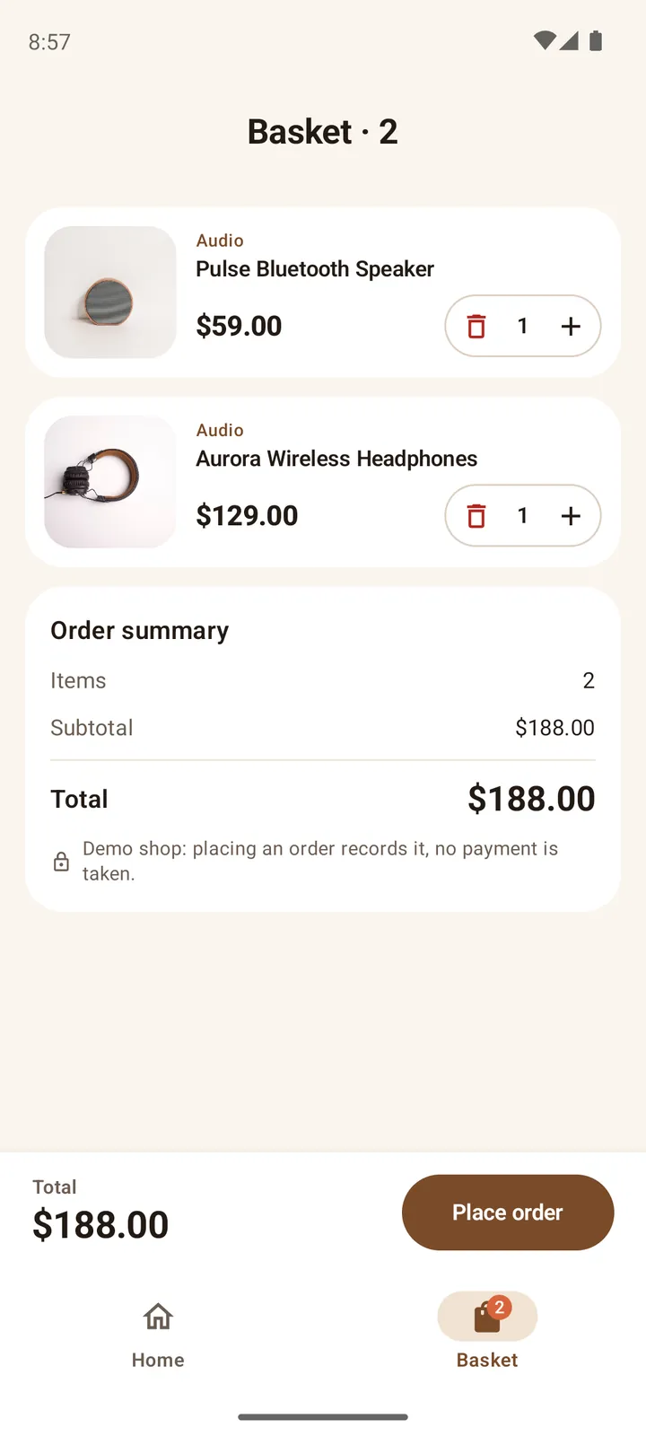 ShopKart basket with two items, quantity steppers, an order summary and a Place order button