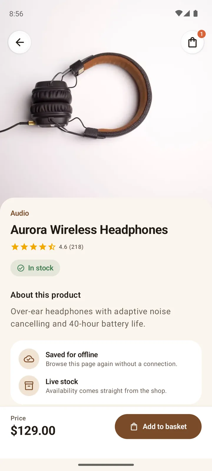 ShopKart product page for Aurora Wireless Headphones with a full-width photo, rating, stock status and an Add to basket bar