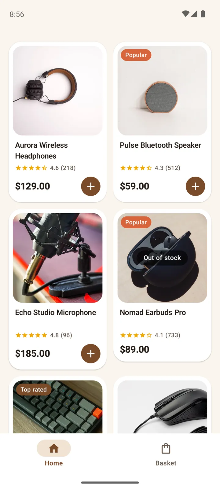 ShopKart product grid with photos, star ratings, Popular and Top rated badges, prices and add buttons, one item marked out of stock