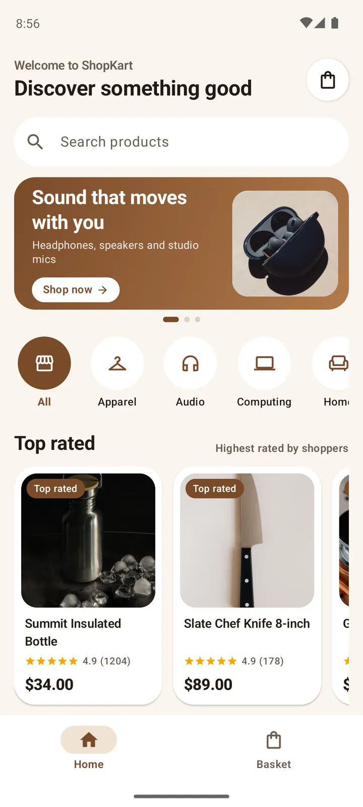 ShopKart home screen with a search bar, a promotional banner, category icons and a Top rated carousel