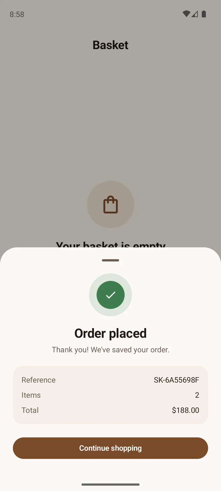 ShopKart order placed sheet with the order reference, item count and total