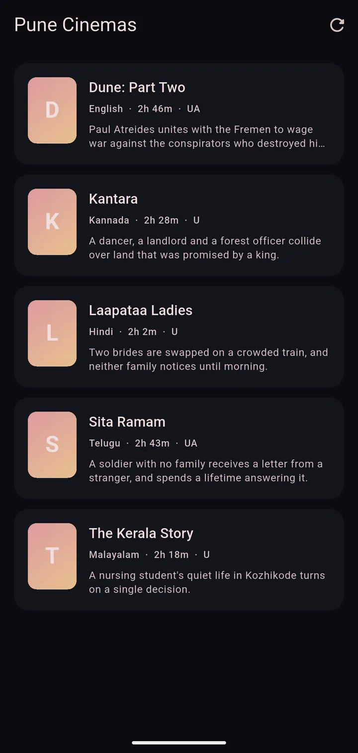 Showtime film list for Pune Cinemas showing five films with language, running time and certificate