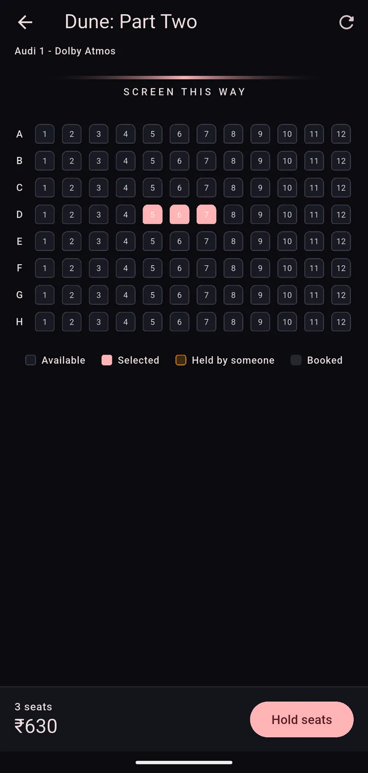 Seat map for Dune: Part Two with three seats in row D selected, a ₹630 total and a Hold seats button