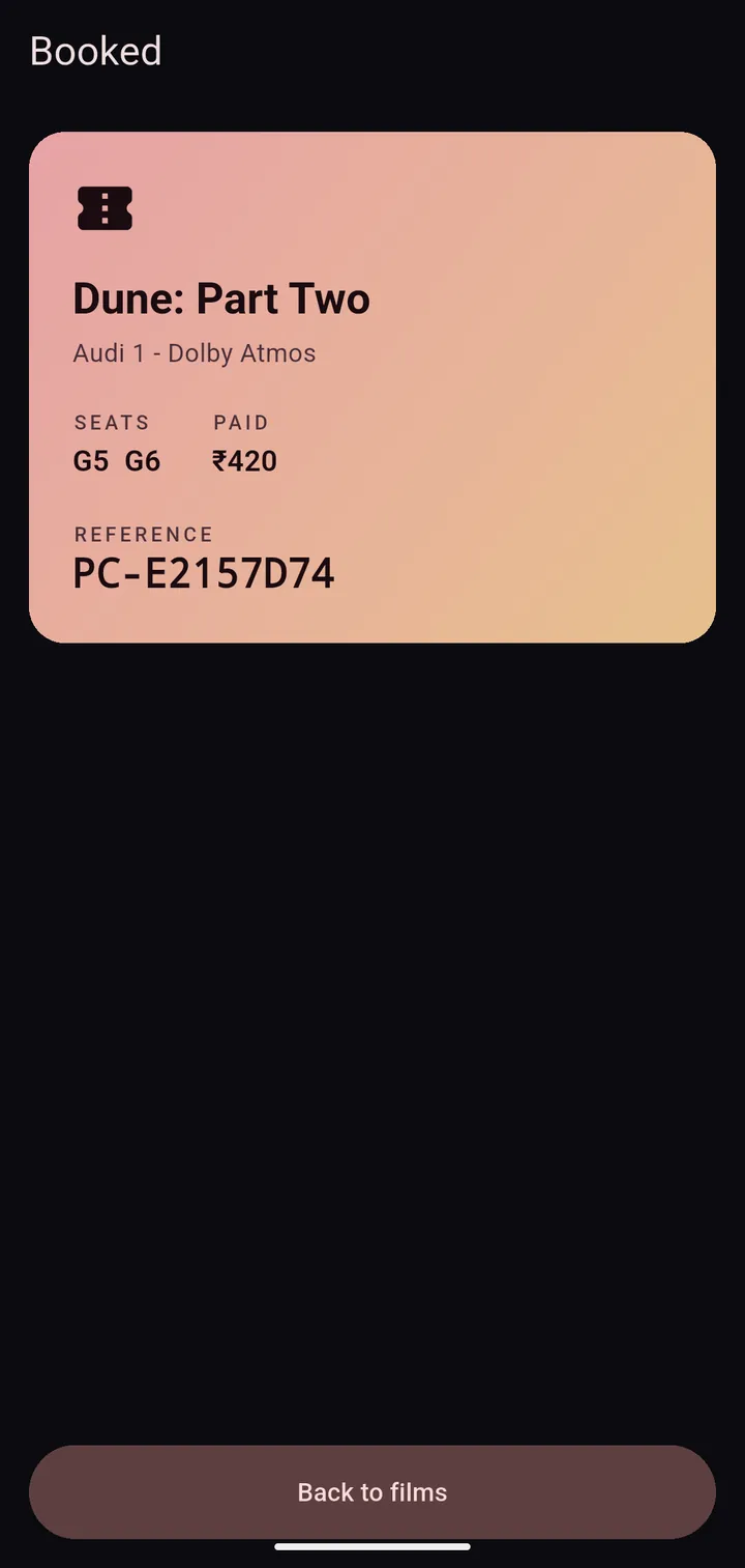 Booked ticket card for Dune: Part Two with seats G5 and G6, the amount paid and a booking reference